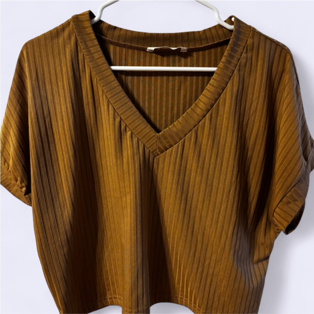 Brown V-Neck Ribbed Women's Top